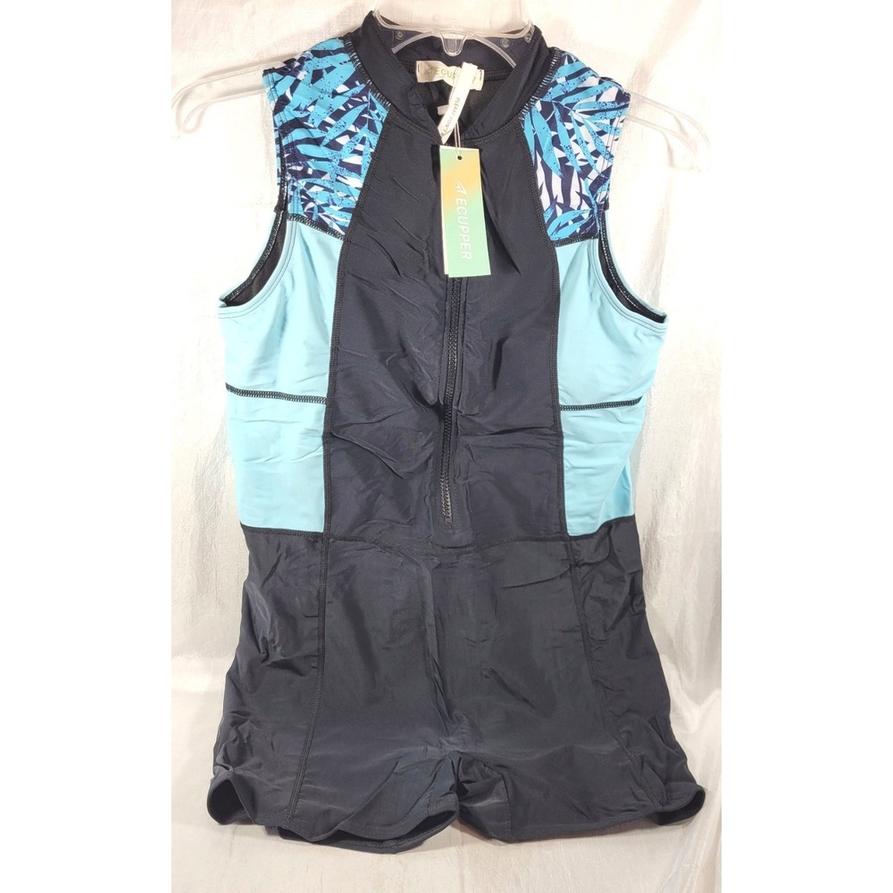 ECupper Women's 1pc Sleeveless Zipper Boyleg Rash Guard - Black - Medium